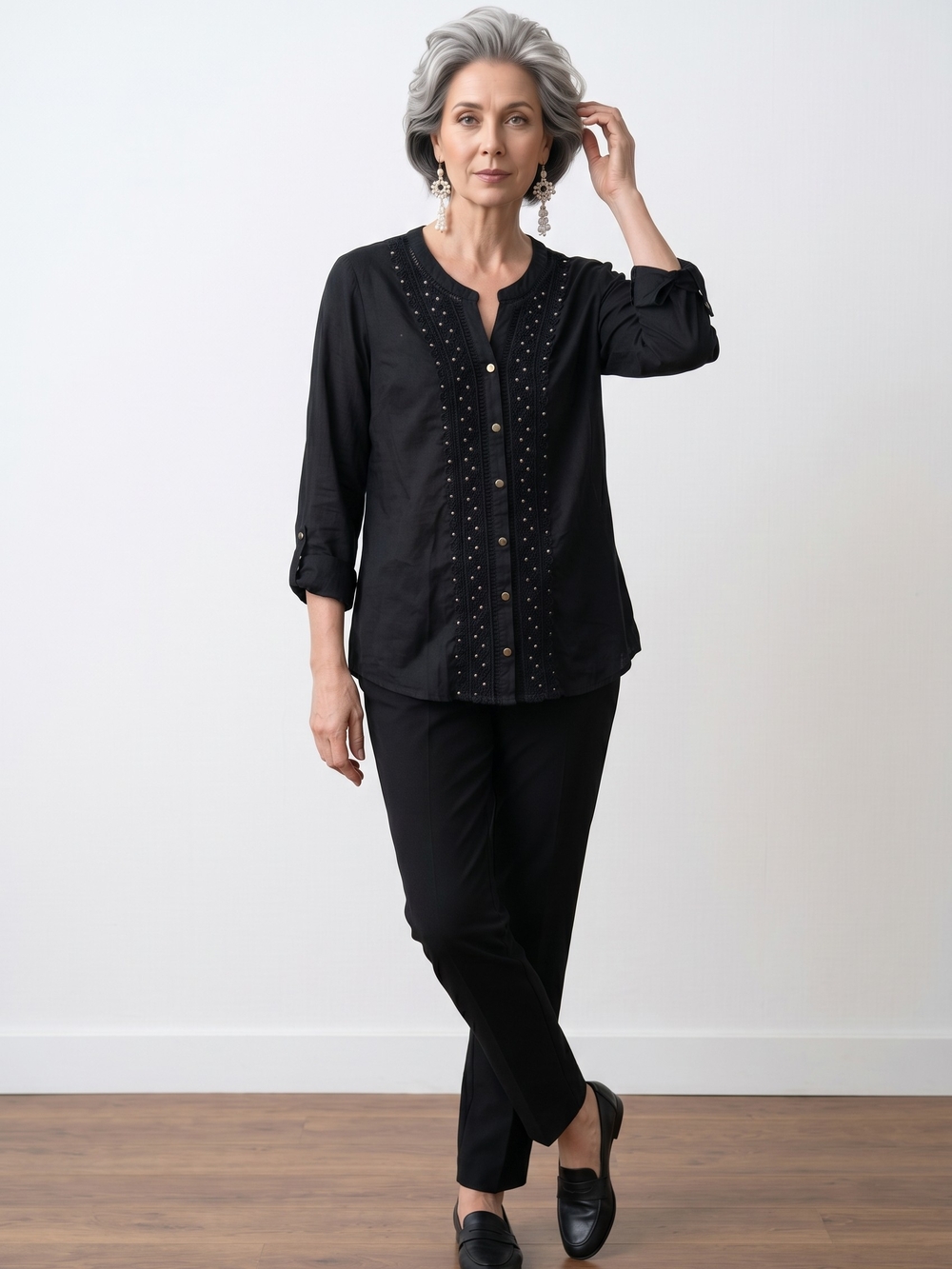 NWT JM Collection Black With Gold Embellished Crochet Yoke Blouse Sz  S